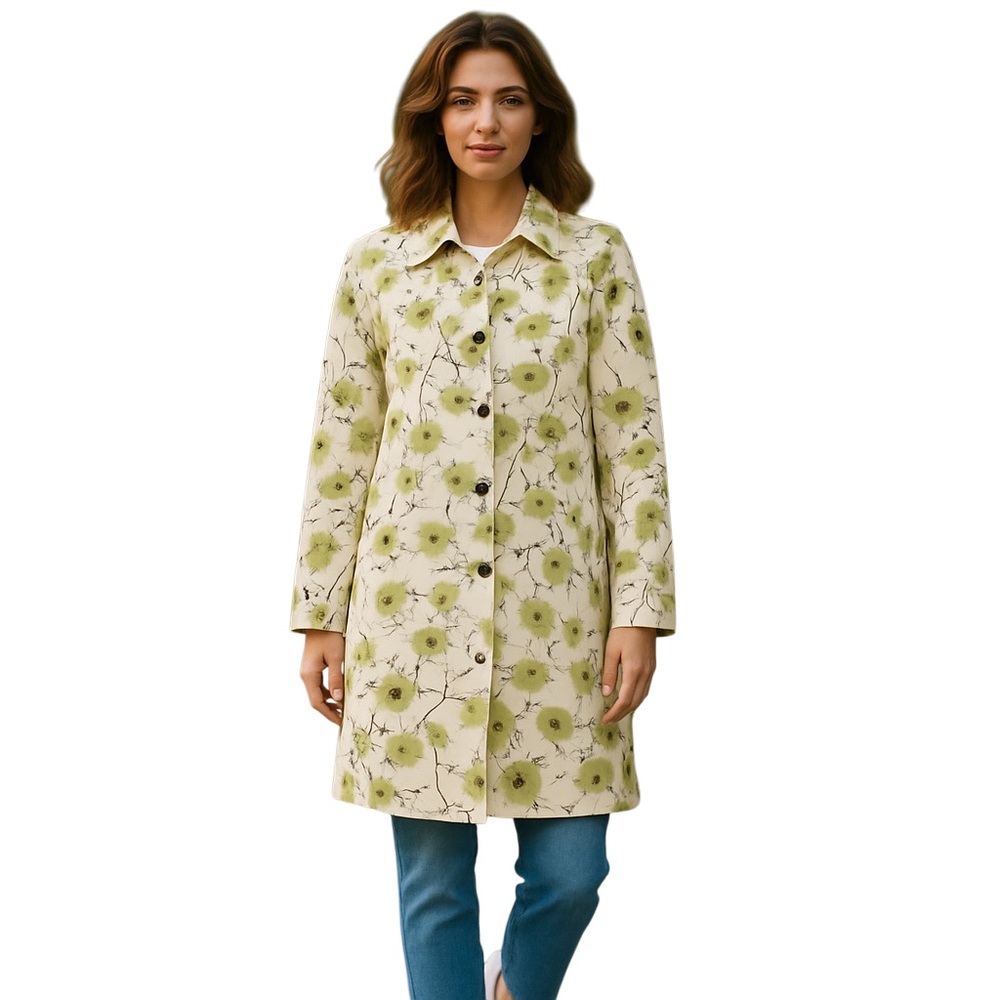 Lands’ End Floral Rain Jacket Coat Cream Green Peony Print Lined Medium